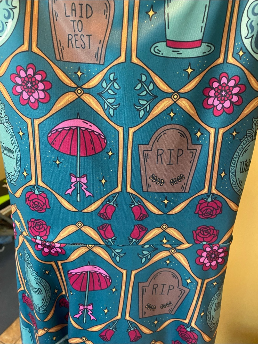 Haunted Mansion Print Mini Dress in Teal and Pink